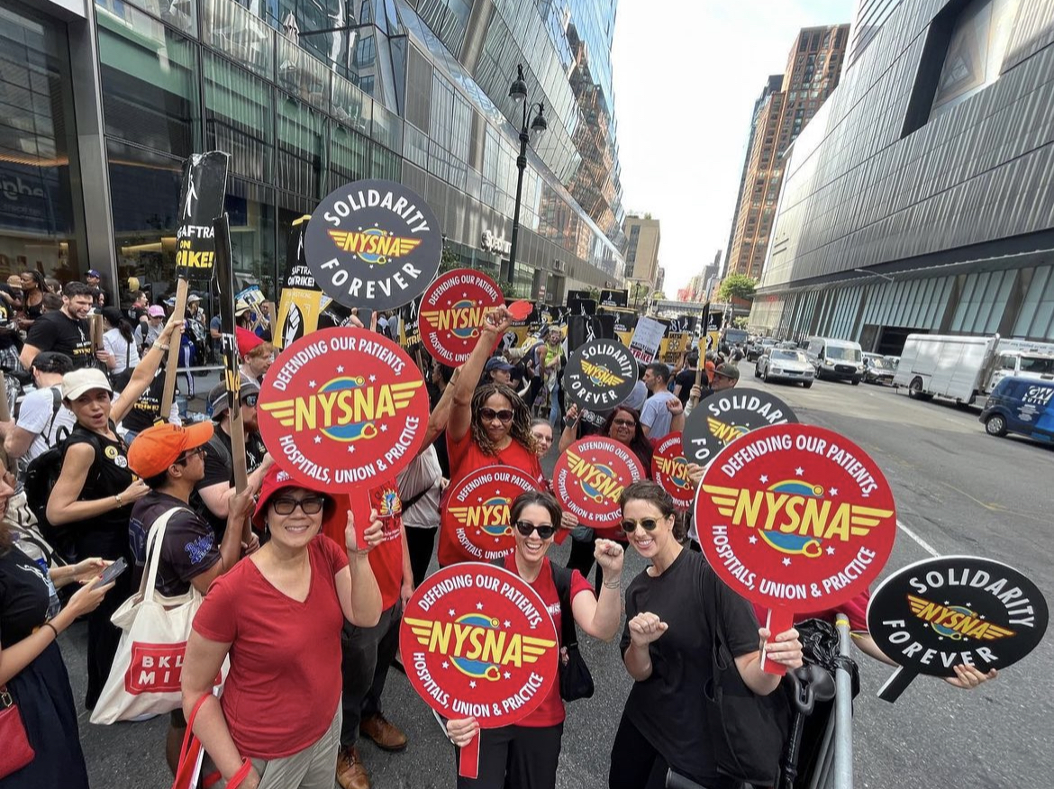 NationalNurses's tweet image. From hospitals to writers’ rooms to movie sets, corporations have been using technological change to justify undermining quality and demanding more, faster work for less compensation.

@nynurses showed up to support @WGAEast and @sagaftra workers fighting against A.I. ✊