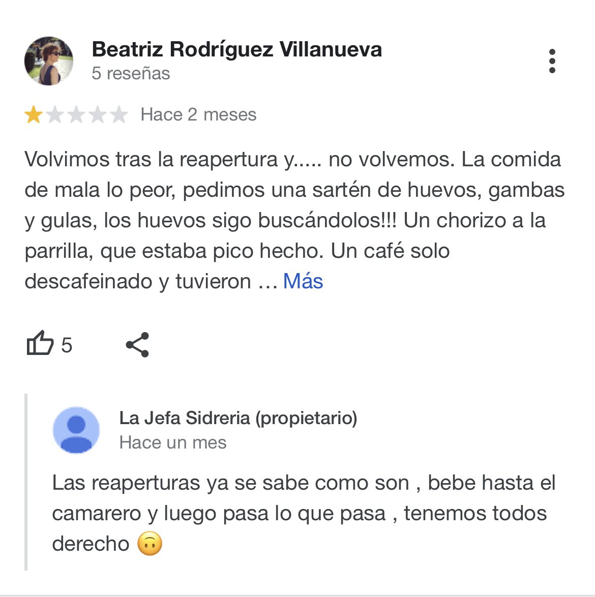 chrisoviedo88's tweet photo. Estoy llorando con las respuestas en Google del dueño de la sidrería “la jefa” en Colloto 🤣🤣🤣 https://t.co/sVDEVg9S82