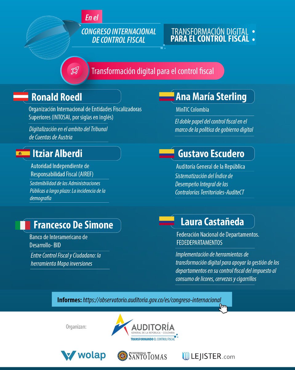 AuditoriaGen's tweet photo. En el #CongresoInternacional de #ControlFiscal
🇦🇹Austria 🇪🇸España 🇮🇹Italia 🇨🇴Colombia
Hablan de:
TRANSFORMACIÓN DIGITAL PARA EL CONTROL FISCAL
Informes: https://t.co/LmxWyyNg00
#TransformandoElControlFiscal @santotocolombia https://t.co/znwgDKD4vL