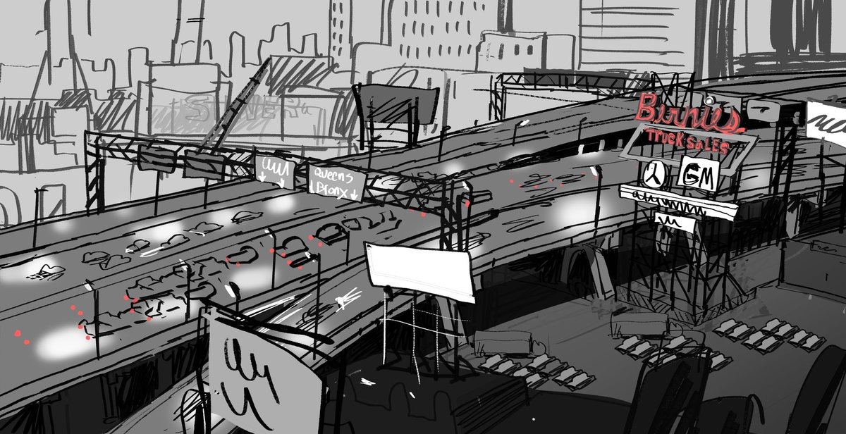 kjettpack's tweet photo. The Gowanus Overpass set i designed for #MutantMayhem . the meeting place for the Turtles and Superfly. I included some of the sketches and packeting reference we would sent to @mikrosanimation to build the set. #TMNT #visdev #visualdevelopent https://t.co/4excCbUNew