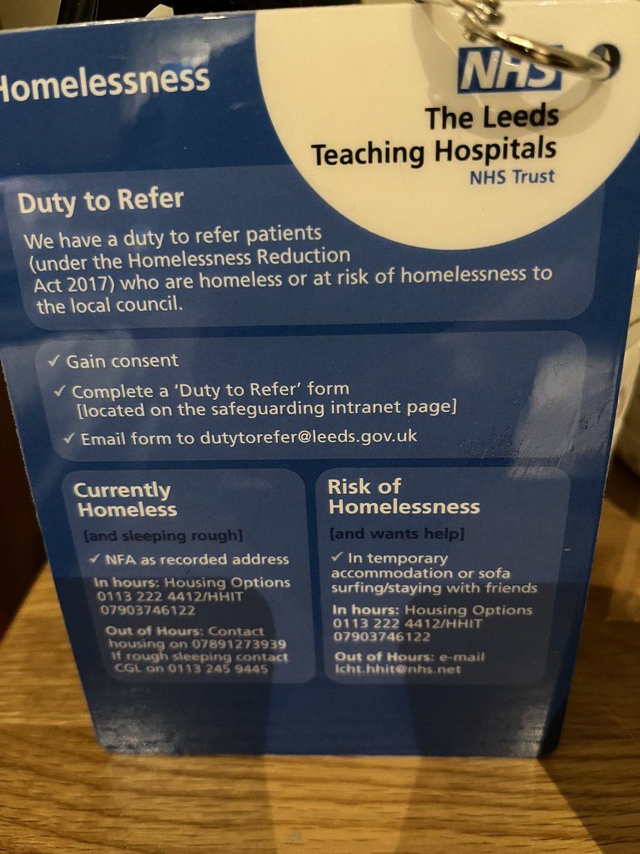 KeatLiz's tweet photo. Great to see this on prompt for ED staff @LeedsHospitals @PathwayUK @SaferLeeds 
A great way to remember Duty to Refer and how to consider homelessness in the department https://t.co/wwrMYtMAcP