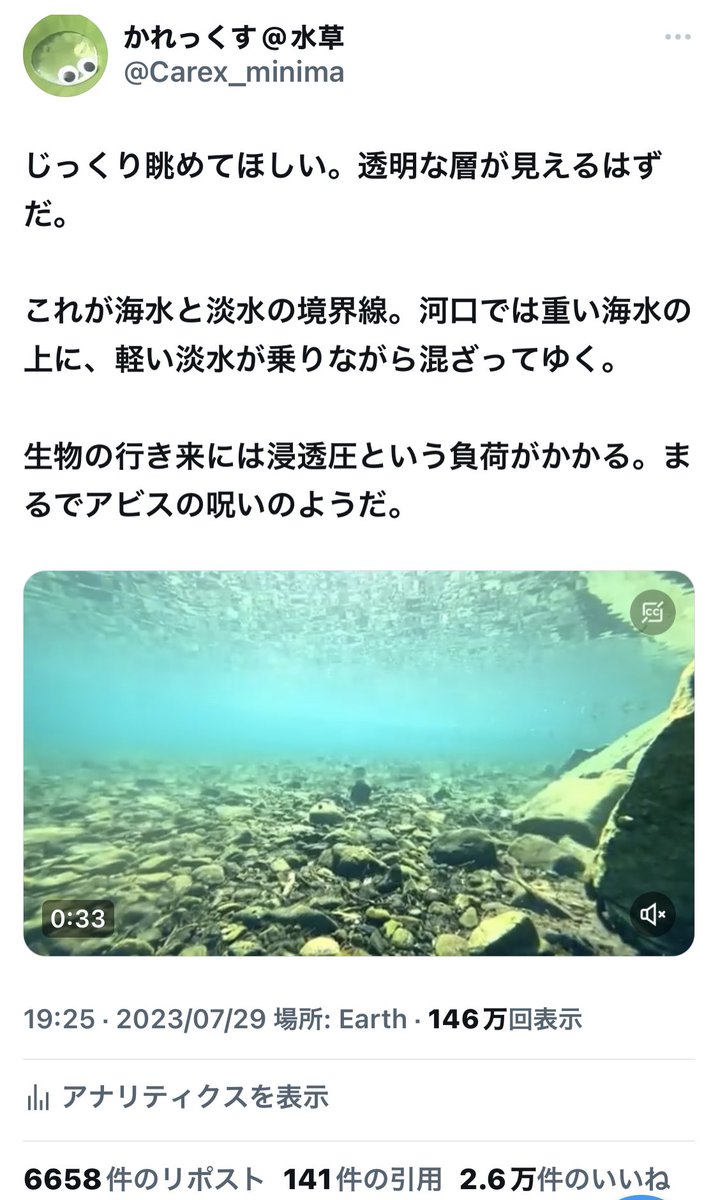Carex_minima's tweet photo. 先日の淡水と海水の境界面のツイートを、Yahooニュースに取り上げていただきました。

撮影時の様子など、取材にお答えしてますので、宜しければご覧下さい。

あとできれば、つくし先生に感想聞きたいな・・・

https://t.co/op81NLHNTX @tukushiA @Hint_Pot https://t.co/omhbYRz7N2
