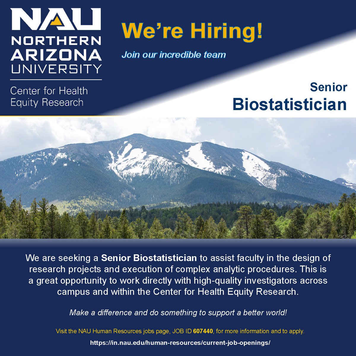 Join our dynamic team at NAU’s Center for Health Equity Research (CHER) as a Senior Biostatistician! Apply today at bit.ly/3E7wsKg, JOB ID: 607440. 

#CHERtheHealth #NAUCareers #Biostatistician #ClinicalBiostatistician #Statistician #ResearchExcellence #NAUResearch