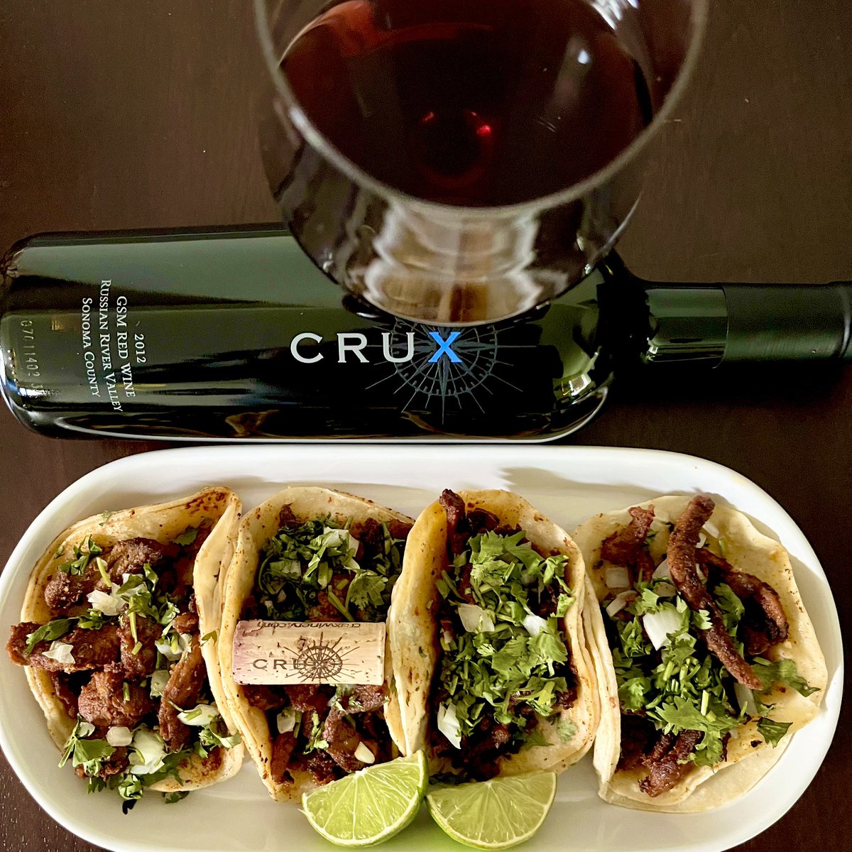 #TacoTuesday with a 2012 GSM by @cruxwinery. There are flavors of raspberry, red rope licorice and nutmeg after aromas of fresh cut roses, red cherry and wet mulch. It has held up well! @JAndrewFlorezII @boozychef @ibstatguy @AskRobY @katerina_brv @Kerryloves2trvl