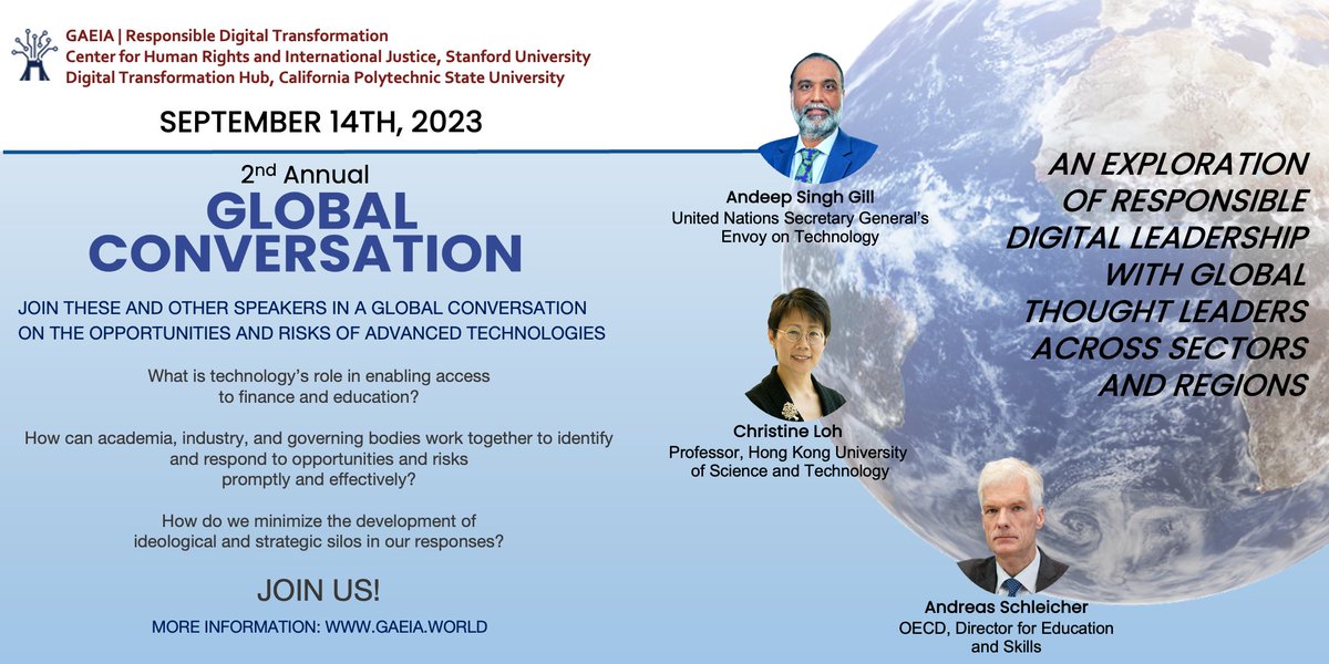 GAEIAworld's tweet photo. Registration is now open for our second Global Conversation on September, 14th 2023. 
Secure your spot today!
https://t.co/4eXKfavlkt
@EliseStJohn1  @SorenJuulJ  @StanfordHumRts 
#responsibledigitaleadership #ethics #artificialintelligence #AI #AInews #ethicaltech #edtech https://t.co/zXTsQjMUx8