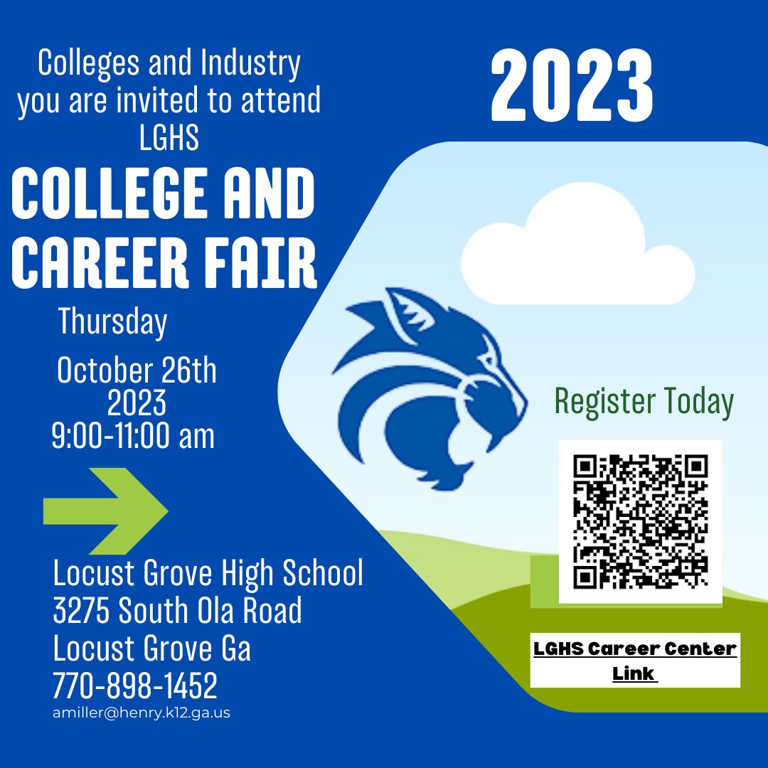 Locust Grove High School College and Career Expo is seeking Businesses to attend expo for students to explore future careers. If interested please fill out QR code. #HenryCounty, @HenryCounty, @ChooseHenryGA