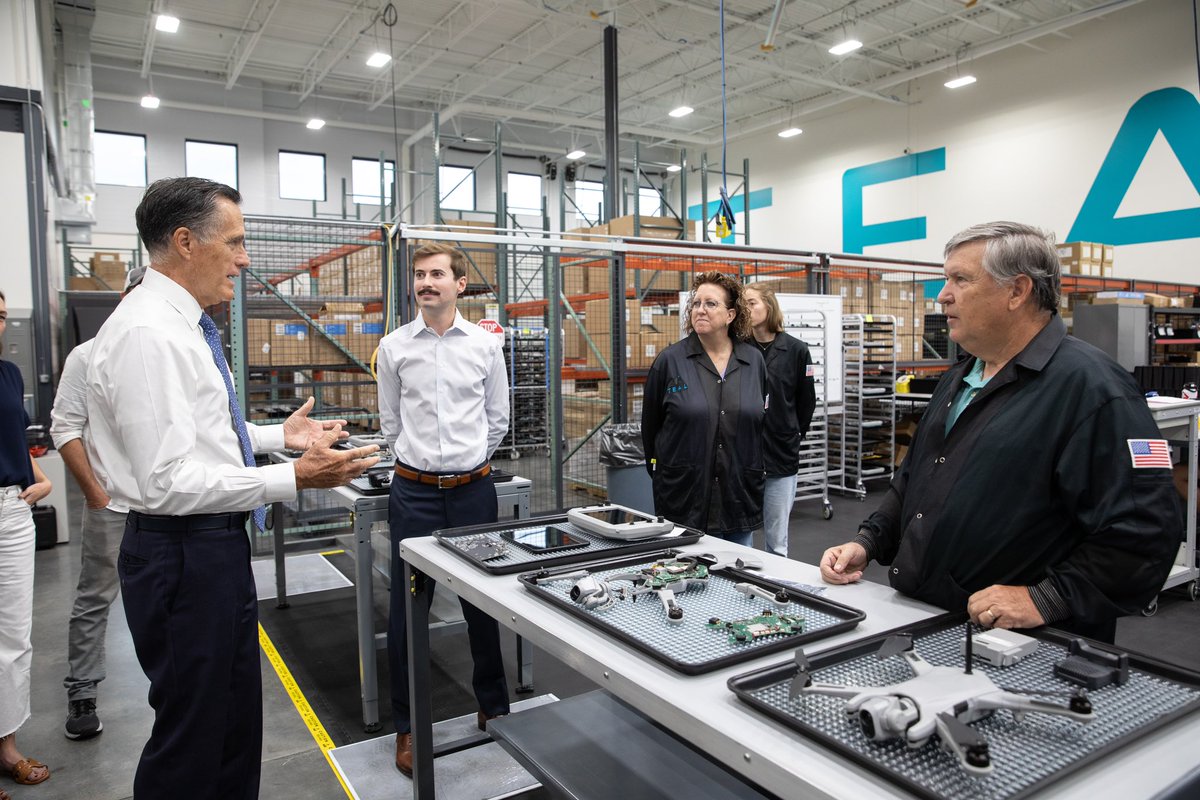 SenatorRomney's tweet photo. Utah-based companies like @TealDrones are playing key roles in our national security and industrial base. Had an engaging discussion on decreasing America’s dependence on China for our hardware supply chains while touring their facility—and even tried my hand at flying a drone. https://t.co/CoXUxUcIvZ