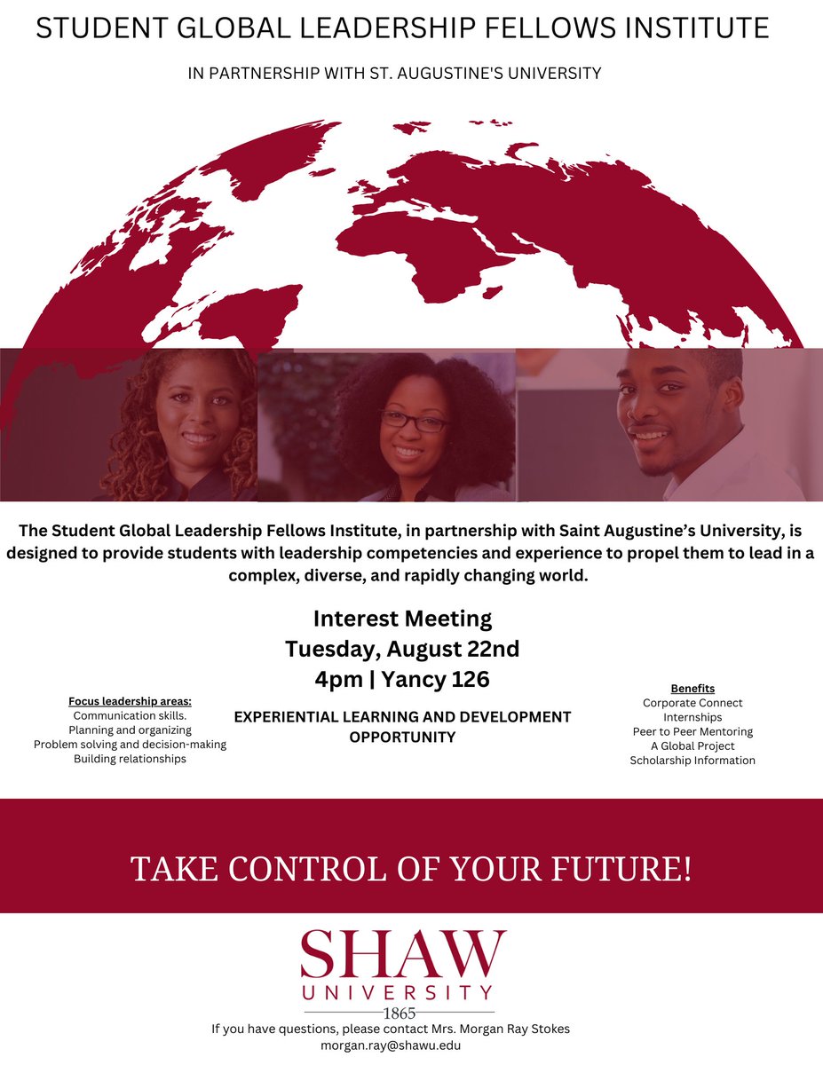 ShawUELCDC's tweet photo. Are you looking to grow your leadership skills through meaningful experience? If so, join us today in Yancy 126 . Take control of your future! #HBCUProud #Leadership https://t.co/XuU0MICYZt