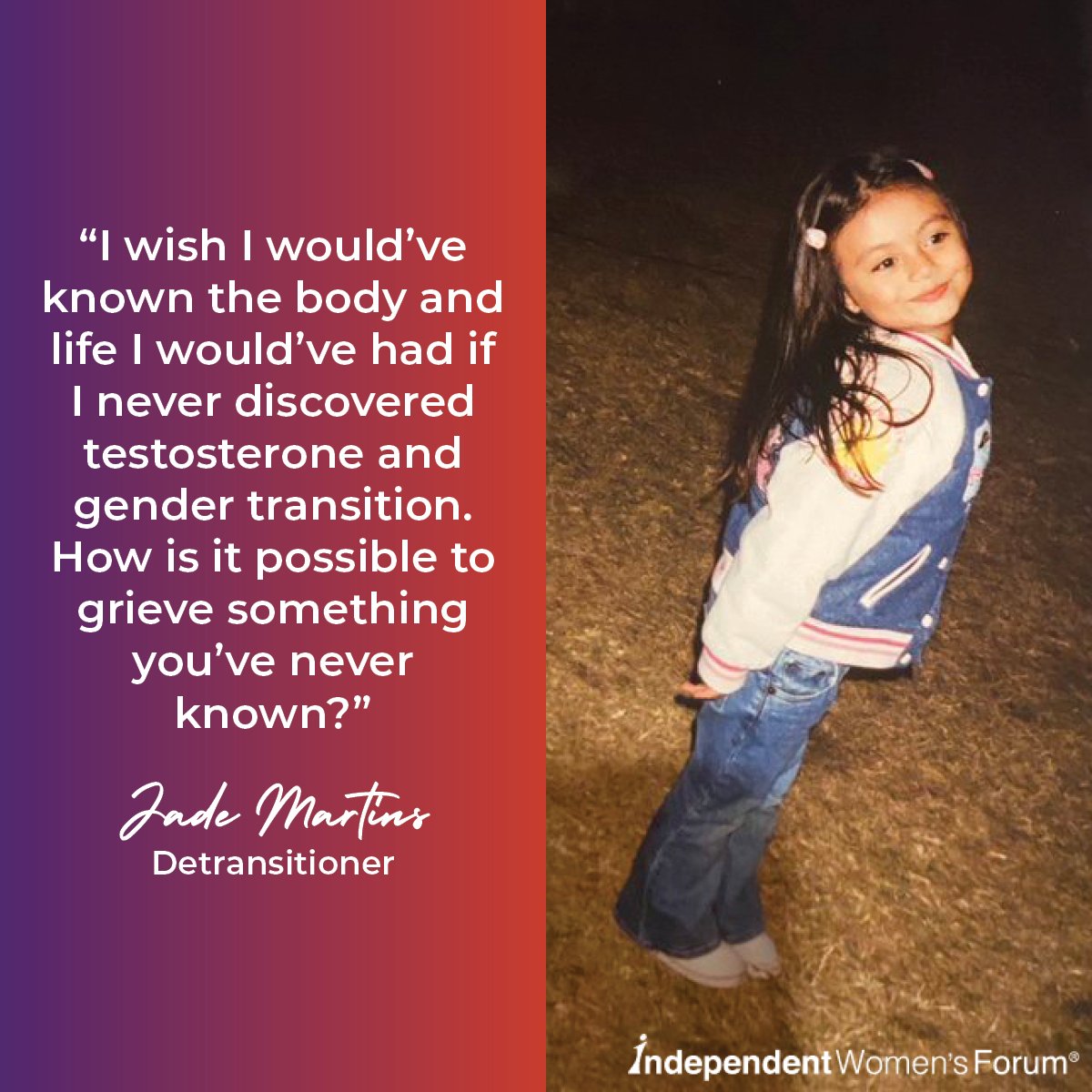 MUST READ: Detransitioner @jaderants tells her story & reflects on the life that she wish she could've experienced without hormone blockers. Read Jade's story: iwf.org/identity-crisi…