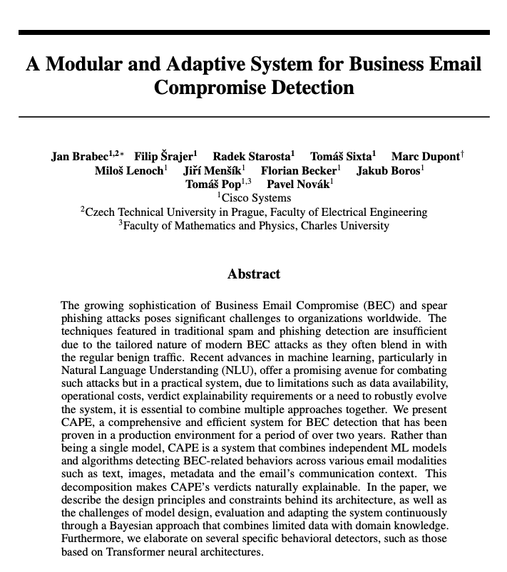 janbrab's tweet photo. We have just released a paper overviewing our system for Business Email Compromise (BEC) detection and the key design considerations behind it https://t.co/yLOqqv0LWT https://t.co/z5m7s4XNKc