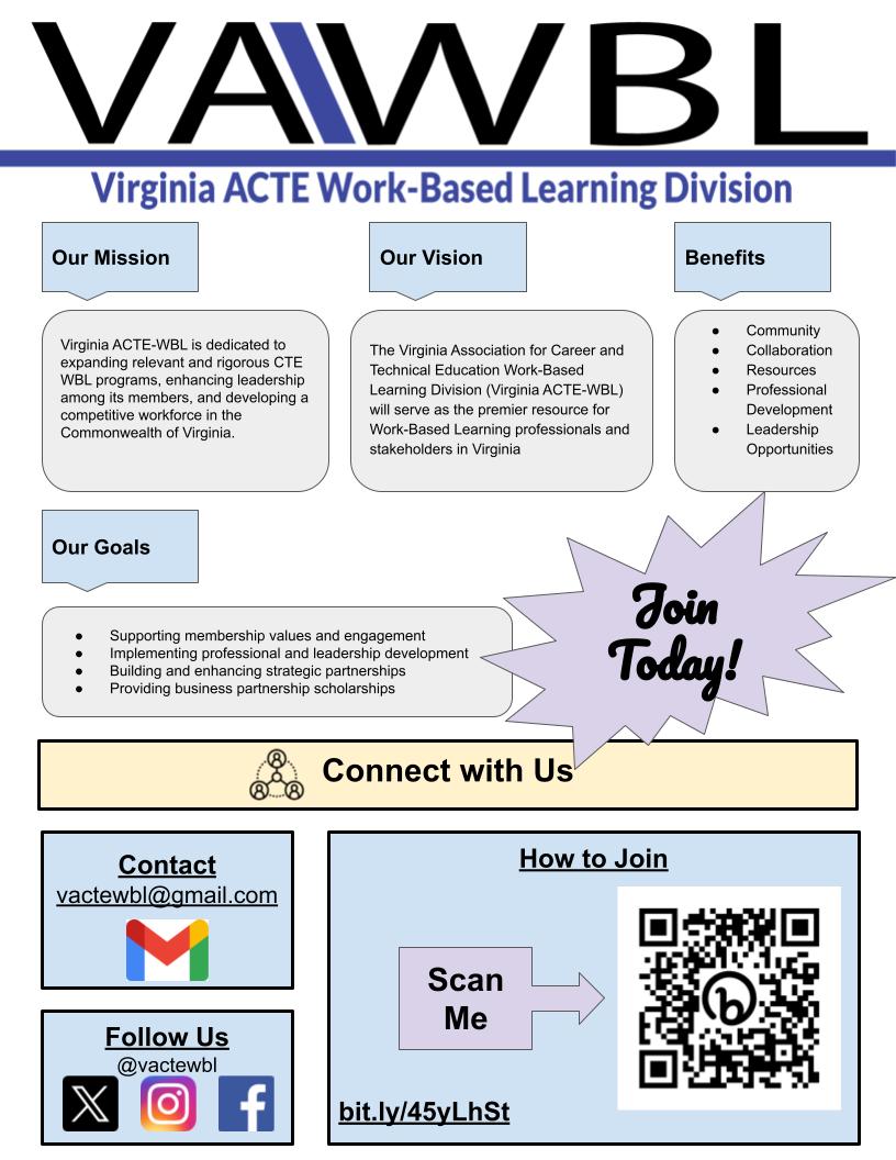 vactewbl's tweet photo. Join the brand new @VirginiaACTE Work-Based Learning Division today! #acte #wbl https://t.co/LZ6UJE9ujF