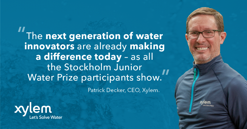 Xylem's tweet photo. “I'm inspired by the big ideas and bold ambition Naomi Park and all of the @siwi_water #SJWP 2023 participants have brought to solving global #waterchallenges” - @PatrickKDecker President and CEO of Xylem. #LetsSolveWater #WWWeek