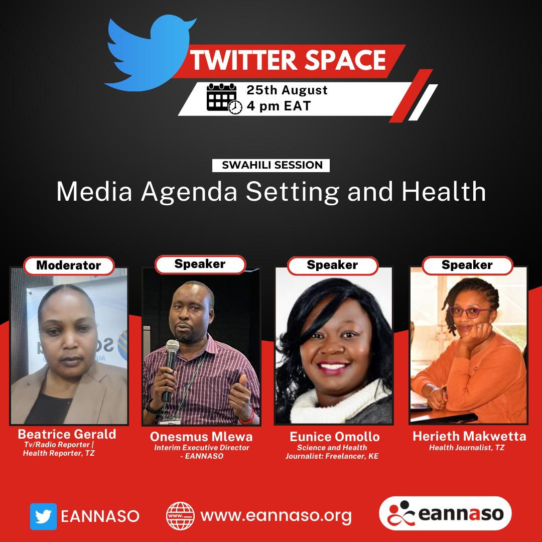 What are your plans on 🗓️ 25th August 2023 from 4:00 to 6:00 PM EAT? Well, we are talking about #media, #agendasetting, #health and you do not want to miss this.

Save the space using this link: twitter.com/i/spaces/1OdJr…
#mediaandhealth
#media 
#COVID19