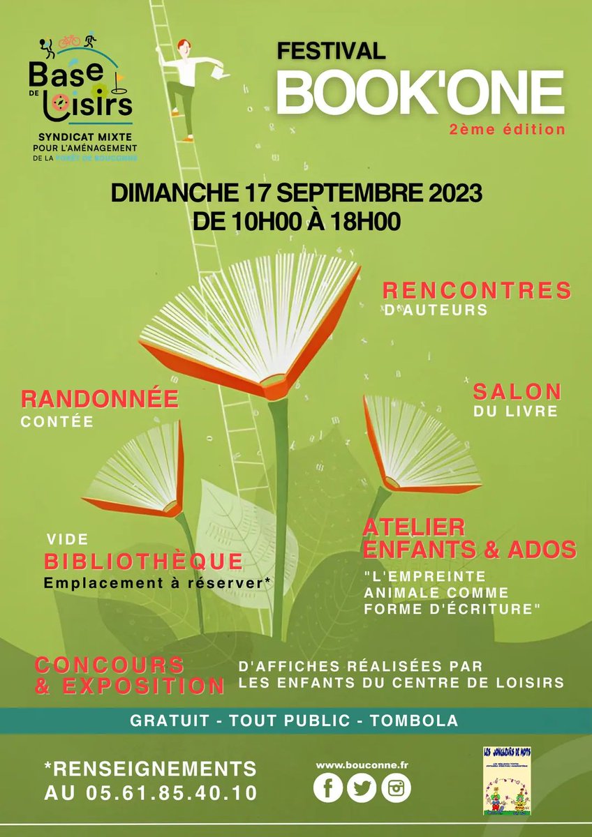 BaseBouconne's tweet photo. [BOUCONNE ANIMATION : FESTIVAL BOOK'ONE]

2ème édition
🗓 Dimanche 17 septembre 2023
🕘 10h00 - 18h00
📍Base de Loisirs de Bouconne

Un véritable rassemblement livresque à ne pas manquer !

GRATUIT - TOUT PUBLIC 

ℹ️ et programme de cette journée sur https://t.co/ZuYDh5zQYP https://t.co/cCZxa0V4LU