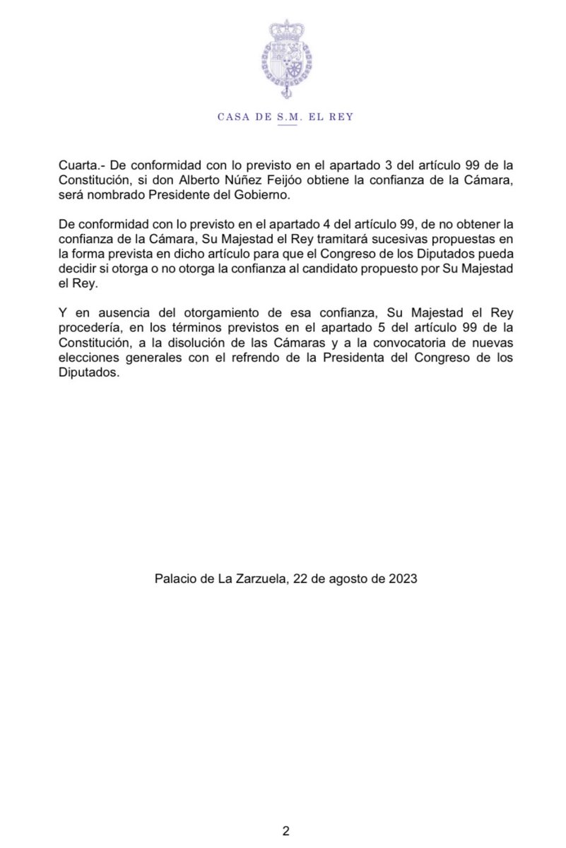 La argumentación de Felipe VI sobre por qué ha decidido elegir a Feijóo como candidato a la investidura es impecable:

1)En todas las elecciones generales celebradas salvo en las de 2015 (y porque Rajoy no quiso) el candidato que ha obtenido más escaños es el designado.

2)Ningún