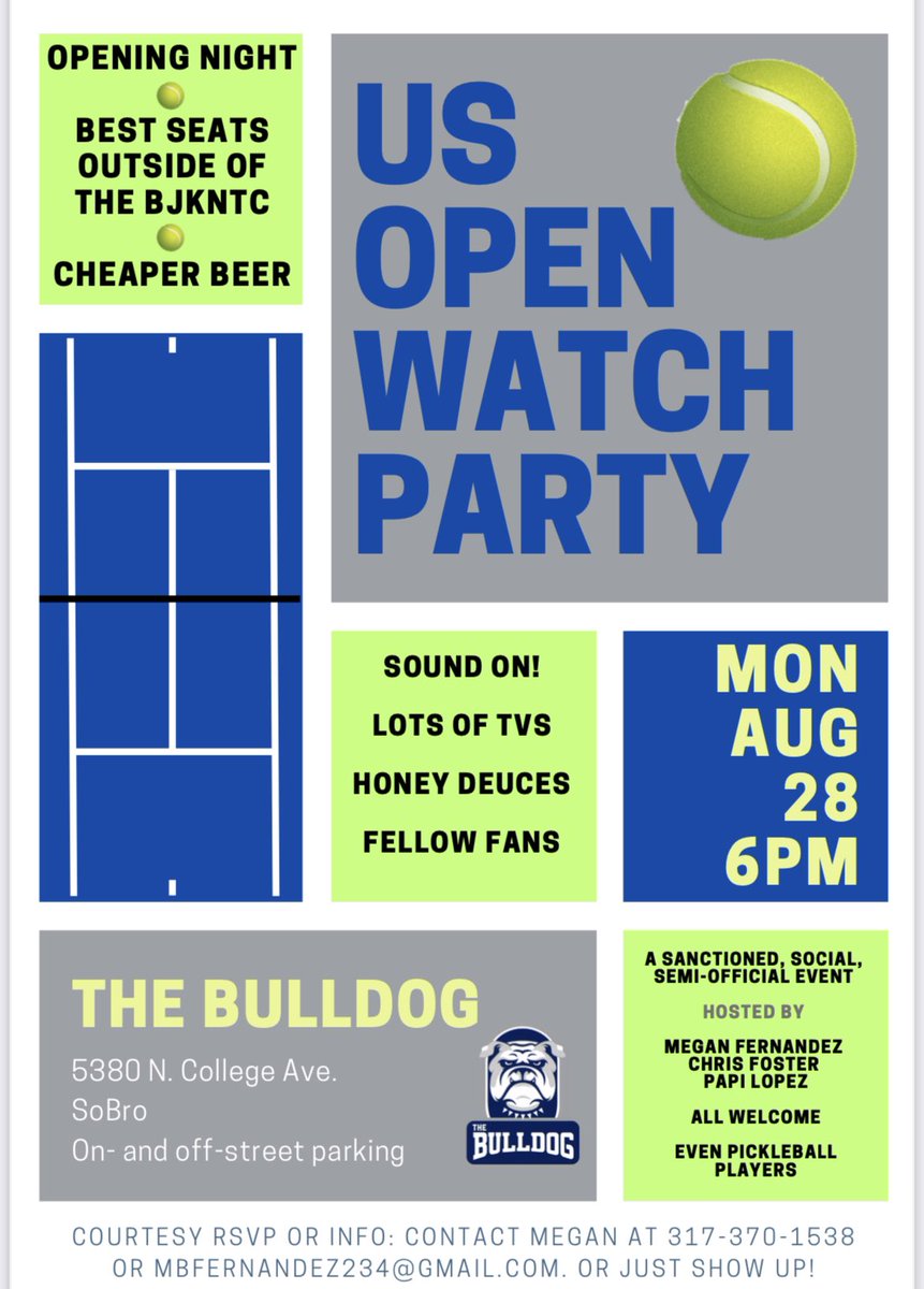 US Open watch party at the Bulldog in Indy on opening night, Aug. 28. Info here. Please come - and share with your Indy crowd.  <a href="/jon_wertheim/">Jon Wertheim</a>  <a href="/AlGruskin/">Alex Gruskin</a> <a href="/CrackedRacquets/">Cracked Racquets ®</a> <a href="/IndyTennisGLTA/">IndyTennis</a> <a href="/USTA_C_Indiana/">USTA Central Indiana</a> @Shaptennispod <a href="/allisondlynn/">Allison Lynn</a>