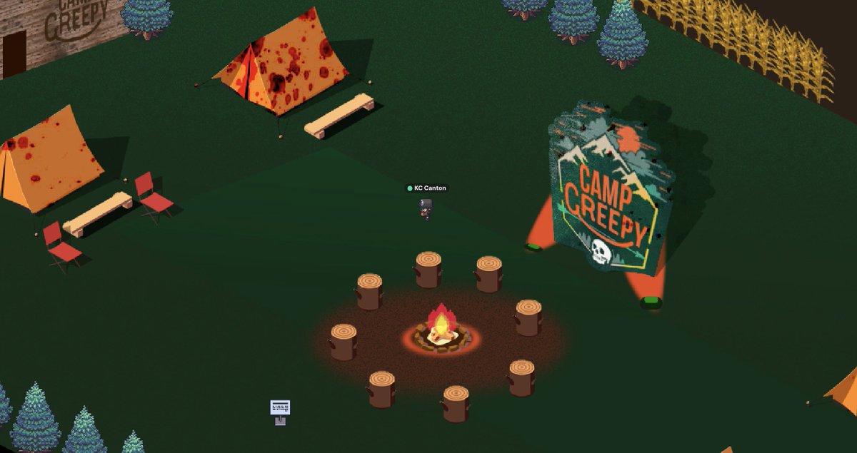 DownrightCreepy's tweet photo. It's almost the Fall season so join us in our virtual realm at Camp Creepy! Hang out with friends, play games, solves puzzles or watch obscure VHS clips in our video store. For an optimal experience use your laptop. 

Enter Here: https://t.co/CSBsyIoUvk https://t.co/OoUoCoflDI