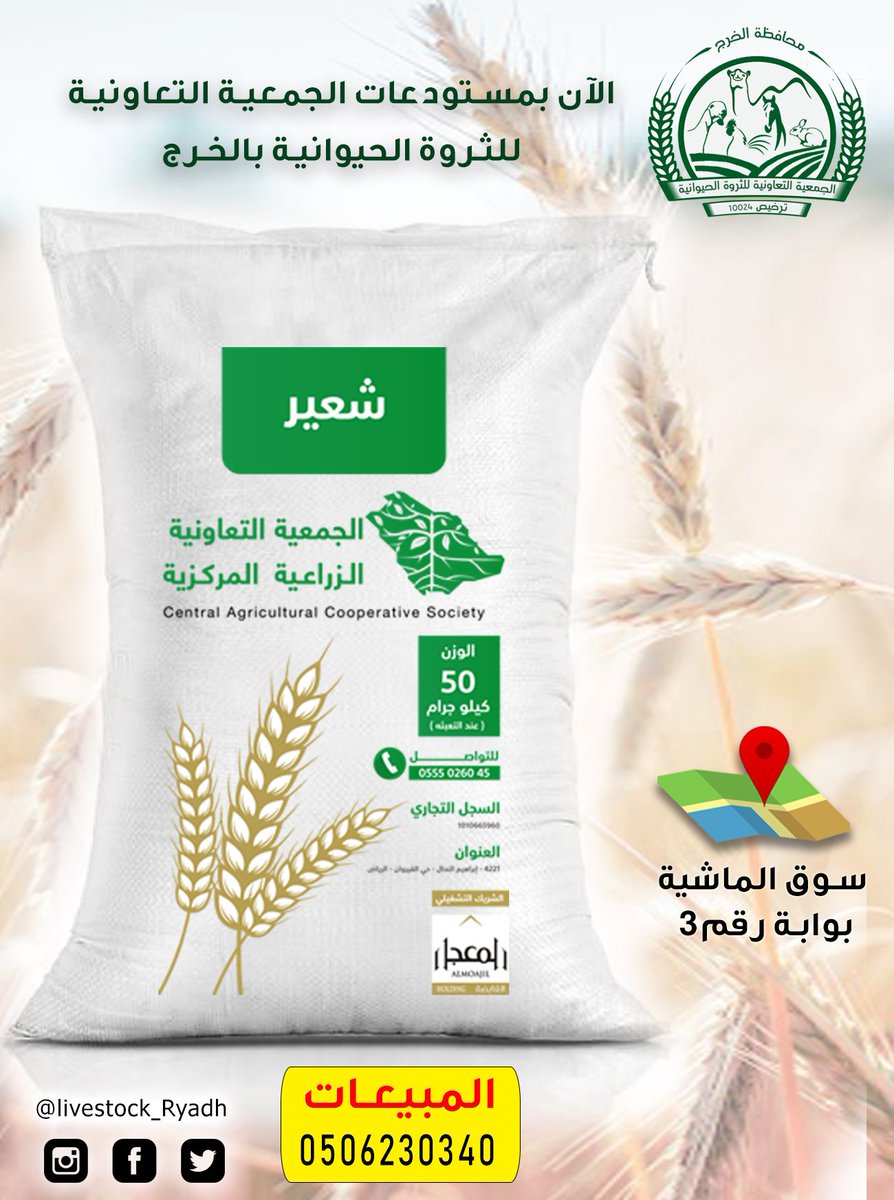 🔘الآن يتوفر بمستودعات الجمعية بمحافظة #الخرج  #شعير من الجمعية التعاونية الزراعية المركزية،وهي إحدى المبادرات التي تكفلت بتوفيرها للتعاونيات ولأعضائها من مربي الماشية.
#وزارة_البيئة_والمياه_والزراعة #الخطة_الوطنية_لتحسين_إنتاجية_قطاع_الماشية #دعم_الثروة_الحيوانية_بمحافظة_الخرج