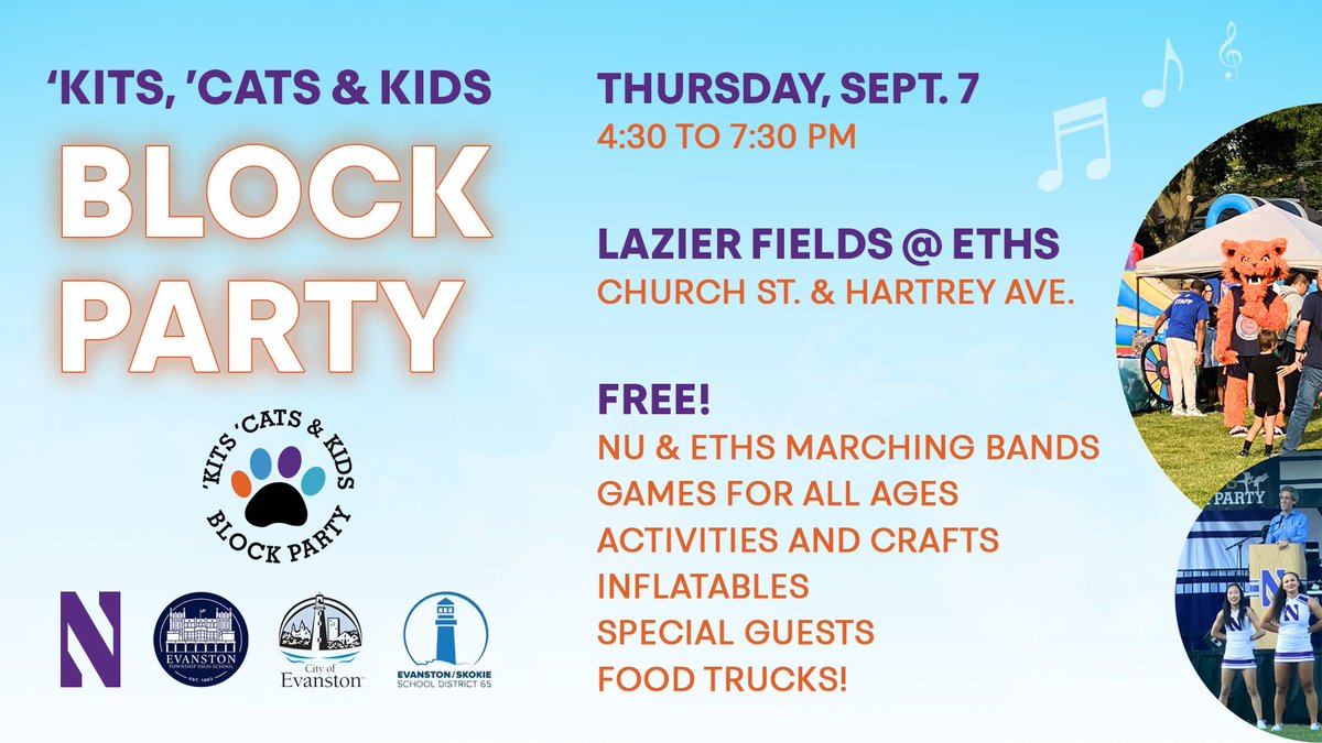 Please join us at the Kits, Cats, and Kids Block Party on Thursday September 7th at ETHS’ Lazier Field from 4:30-7:30pm. Everyone from the community is welcome to this fun, free event! We'll have games for all ages, activities and crafts, a DJ, free food options, and food trucks!