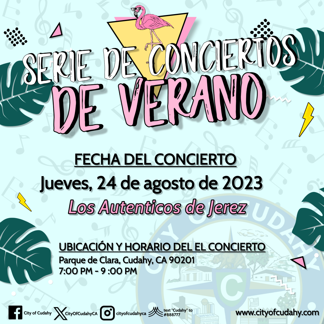 CityOfCudahyCA's tweet photo. Bring your blankets, lawn chairs, and sit back and relax to the sounds of Summer! The City of Cudahy's Summer Concerts in the Park will continue this Thurs, Aug. 24!

The musical performance will be by Los Autenticos de Jerez. This concert is FREE and open to the public. https://t.co/Lk0JYxwQWn