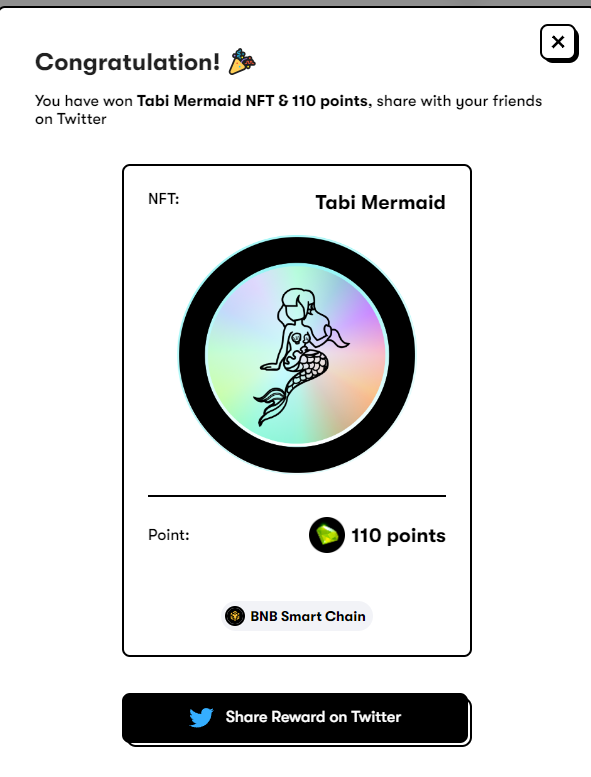 bituganan's tweet photo. Guess what! I just won Tabi Mermaid NFT &amp; 110 points by completing the thrilling Quest on @QuestN_com ✌🏻Come and join in and experience the adventure yourself! https://t.co/t9QUg1CVcB https://t.co/exmfcceh8d