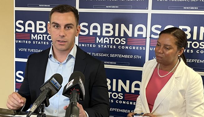 wpro's tweet photo. In the race for the Democratic nomination in #RICD1 @NickAutiello, who dropped out of the race last month, backs @Sabina_Matos; both call on other D candidates to withdraw to clear the field for Matos &amp; @AaronRegunberg. #ripoli -SK #WPRO https://t.co/xUBKvJdvUF