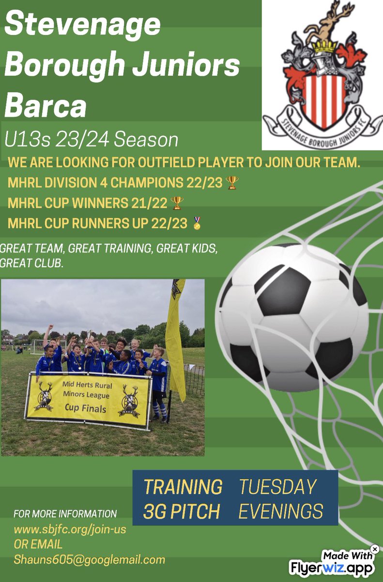SBJFC Barca U13s have a space for a outfield player to join our Division 3 Mid Herts Team. Contact me if anyone interested
