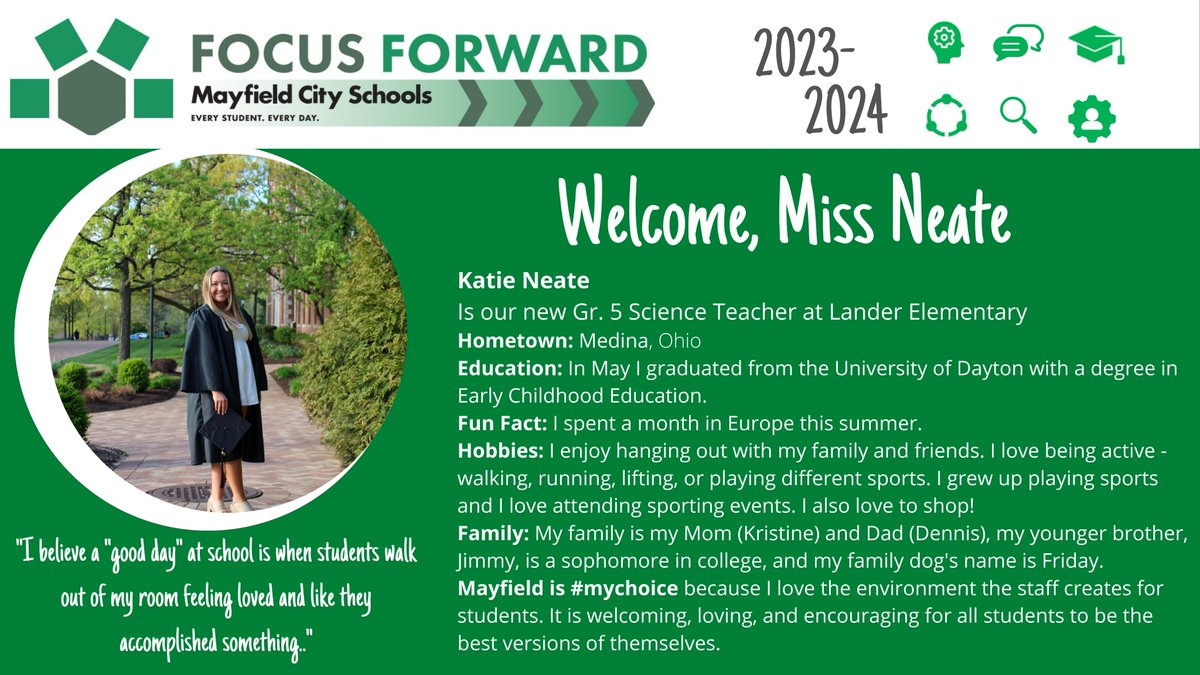 WELCOME, WILDCAT: Katie Neate is our new Grade 5 Science teacher at Lander Elementary. Welcome to Mayfield! Have a great school year. #mychoicemayfield