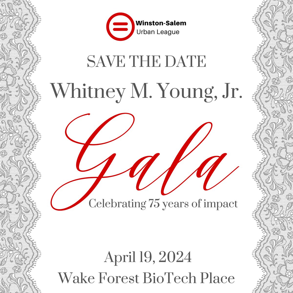 Mark your calendars and save the date because the Winston-Salem Urban League is hosting a gala! The Whitney M. Young, Jr. Gala, to be specific. 

Celebrate 75 years of impact with us on April 19, 2024. 

We'll be sharing more information about tickets and sponsorships soon.