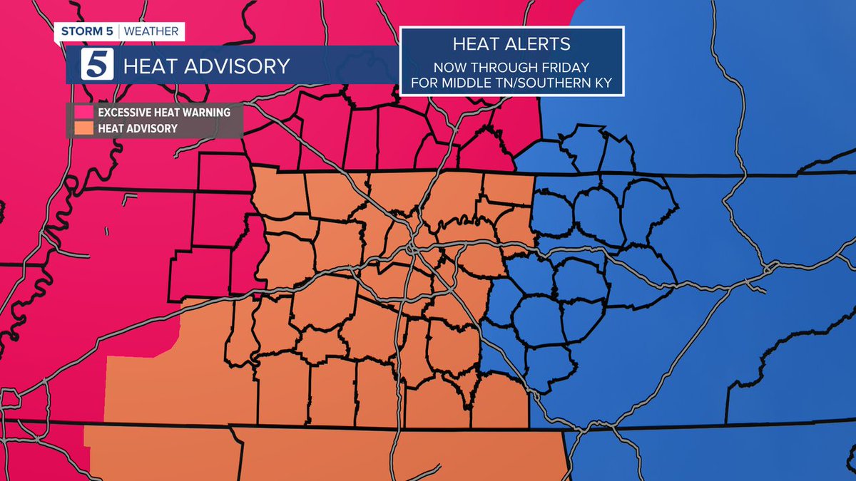 Dangerous Heat Continues! Most of the #NC5 area remains under heat warnings/advisories through Friday. Any relief in sight? @NC5_BreeSmith will have the latest outlook on at 4/5/6pm. #tnwx #kywx Please Stay #HeatSafe!
