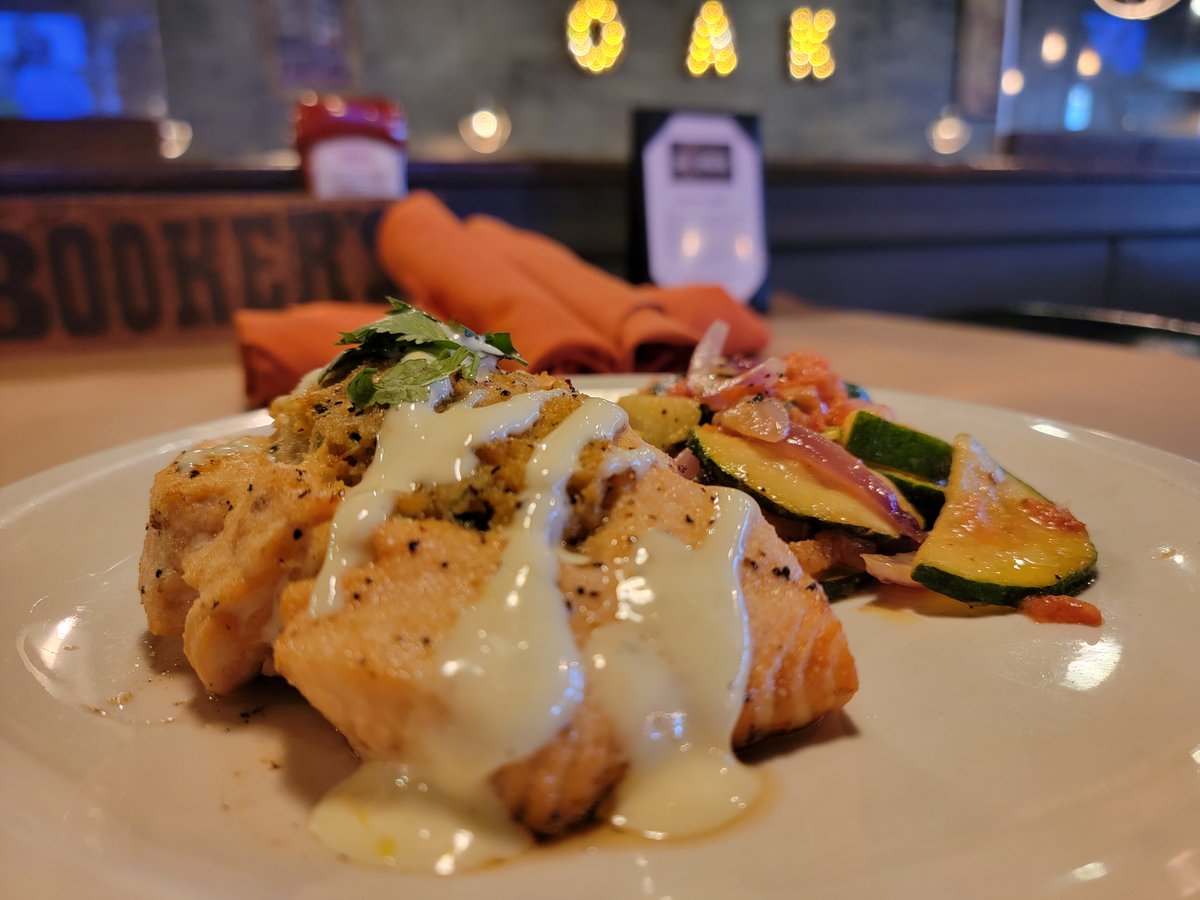 Dinner in Chesterland - 

Stuffed Salmon - Hand Cut Salmon Filet stuffed with an Oak and Embers Jumbo Lump Crab Cake topped with a squeeze of Lemon Juice, a drizzle of House Citrus Aioli and some leaves of Cilantro served with Zucchini sauteed with Tomato and Onion - $25.00