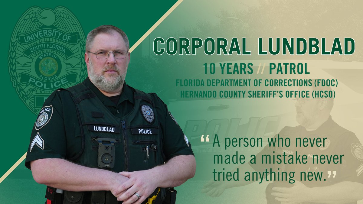 USFPDTampa's tweet photo. Meet Corporal Lundblad:

This impressive member of USFPD’s finest, is a can’t miss on campus. Standing 6’5” tall, his towering presence is offset by his soft-spoken nature. This individual represents the best this agency has to offer. #USFPD https://t.co/BYrZ7ZyYjT