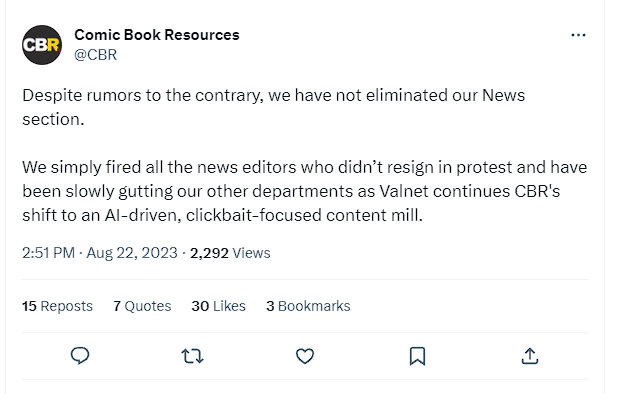 Whoever posted this to the CBR Twitter, you deserve the best. I wish you the brightest of days. CBR burns through its writers and editors like they aren't even human. Valnet is a truly evil corporation.