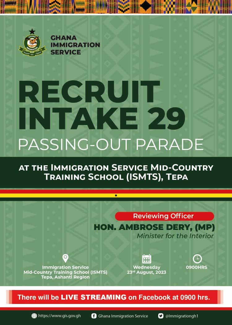 Gha_Immigration's tweet photo. Join the GIS as we stream live the maiden RECRUITS PASSING-OUT PARADE at our newly establish Mid-Country Training School - Tepa, Ashanti Region at 0900hrs on 23rd August, 2023. https://t.co/7s0IT3lFal