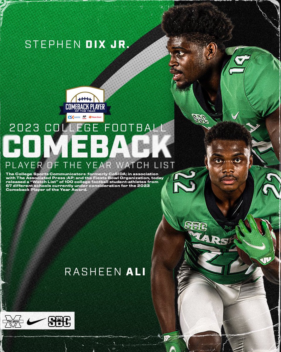 The Get Back Is Real! 📈🔥 @fsosheen1 and @D1SDJ have been named to the Comeback Player of the Year Watchlist 🔗: bit.ly/2023ComebackPO… #WeAreMarshall