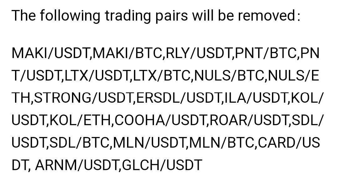 ListingChad's tweet photo. 📣KuCoin to delist Some of the tokens.
The following trading pairs will be removed at 10:00(UTC) on August 24, 2023.
#MAKI #RLY #PNT #LTX #NULS #STRONG #KOL #ILA #MLN #COOHA #CARD https://t.co/JdpxkKiI93