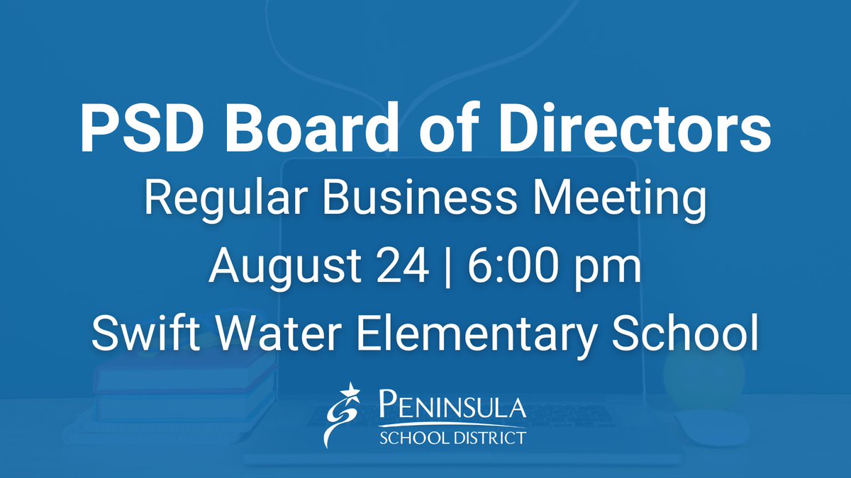 The PSD Board of Directors will host its business meeting at 6 p.m. on Thursday, August 24, 2023 at Swift Water Elementary School. Click here to read the full agenda - drive.google.com/file/d/1WzhQj7…
