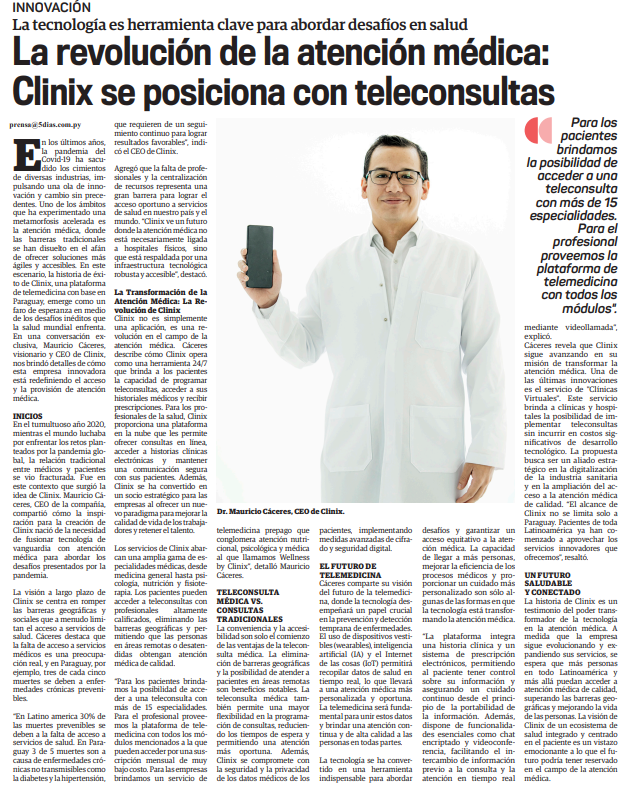 acromauri's tweet photo. Estamos orgullosos de revolucionar la atención en salud y acercar soluciones a todos, en cualquier momento y lugar. 
¡Agradecimiento especial para @5DiasPY  por la nota sobre @Clinix_py!
#SaludDigital #ClinixConecta #telemedicina https://t.co/IMEDWLRy0l