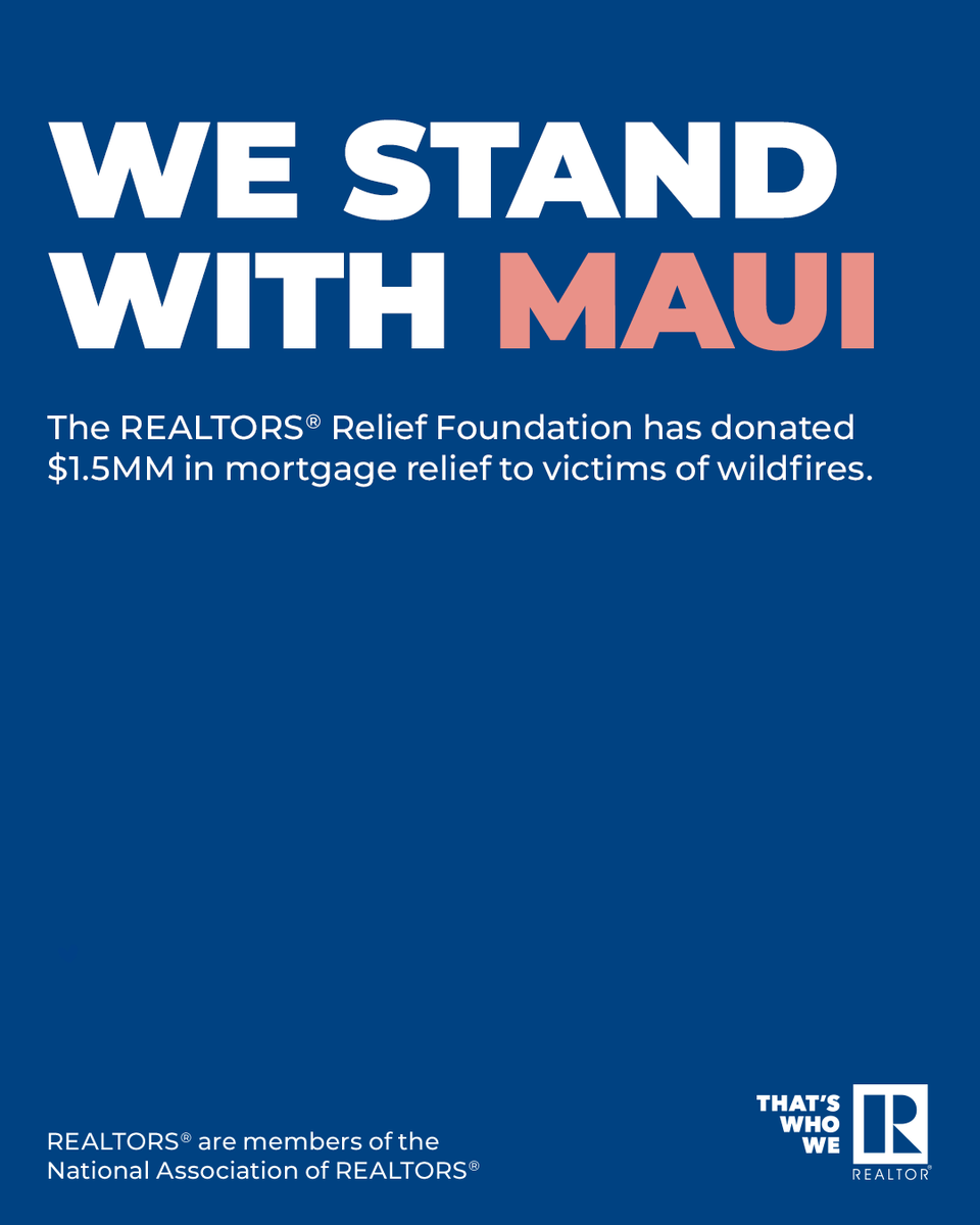 The REALTORS® Relief Foundation announced $1.5 million in disaster relief aid after fires devastated communities on the Hawaiian island of Maui. The RRF President said, 'RRF grants aim to ease the path towards recovery, offering tangible aid to those rebuilding their lives.'