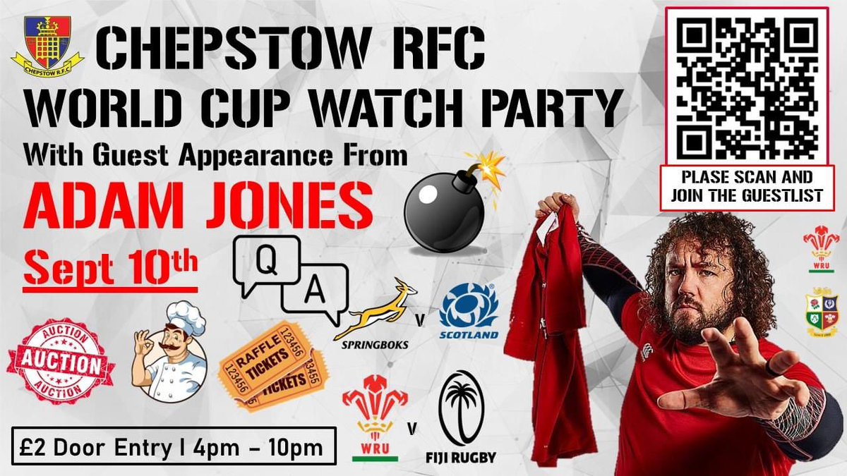 CHEPSTOWRFC's tweet photo. 🚨🚨CLUB EVENT 🚨🚨

🎉𝐖𝐎𝐑𝐋𝐃 𝐂𝐔𝐏 𝐖𝐀𝐓𝐂𝐇 𝐏𝐀𝐑𝐓𝐘🎉

Come and join us for Wales' opening Rugby World Cup game!

Please register your interest by clicking the link below and joining the guestlist!
https://t.co/wha249idZw (can scan QR also) https://t.co/exOpqUhz6A