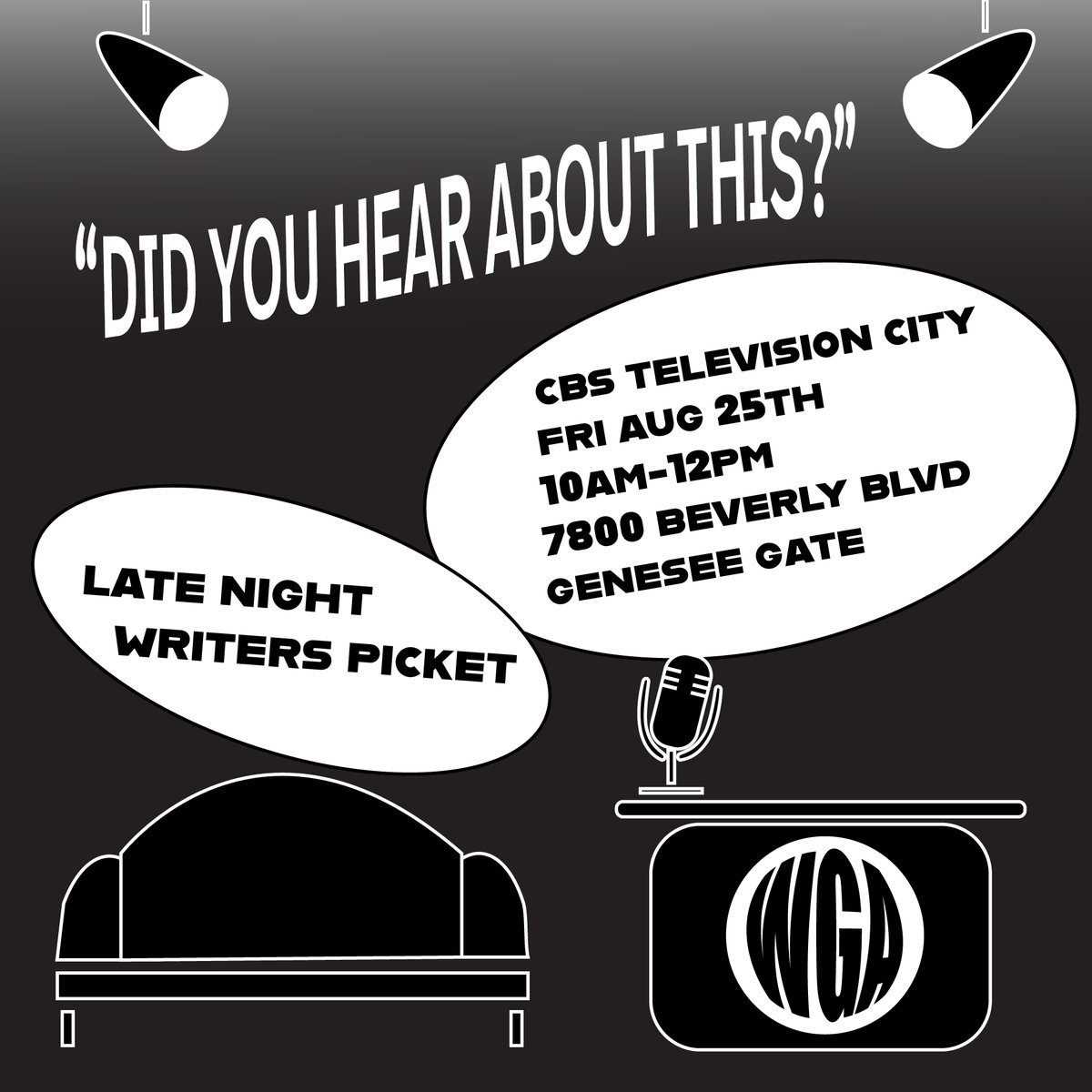 MulroneyMichele's tweet photo. Calling all late night writers - and their supporters! Don't miss this TV City meet-up this Friday! Free lunch at Swingers afterwards is a short stroll away. Just sayin'... #WGAStrong https://t.co/6YvkEYCWrK
