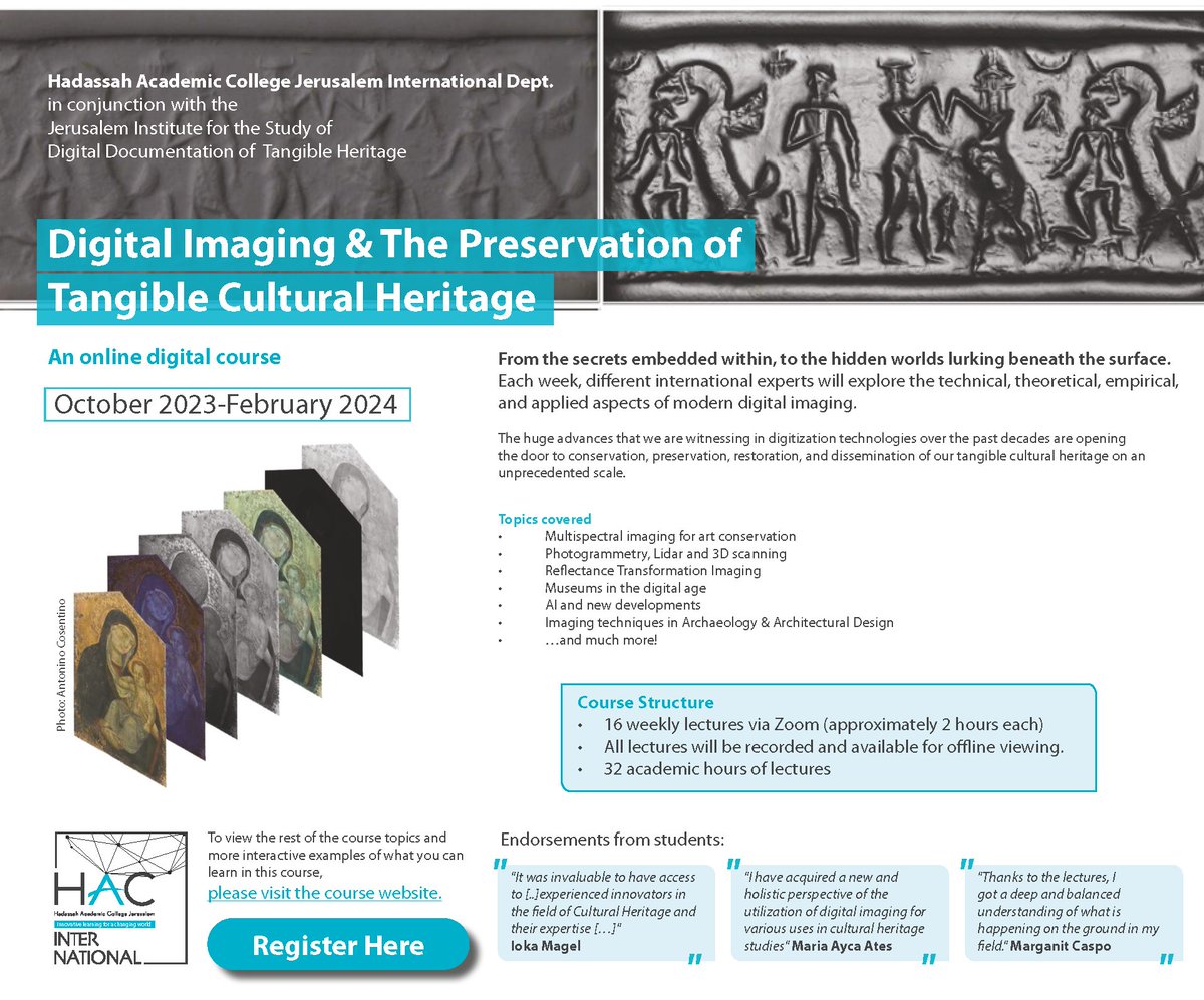 Online Course about #DigitalHeritage in English? Join Prof. M.Hess and an international team of specialists for this multi-week online course (fees applicable)
DIGITAL IMAGING & THE PRESERVATION OF TANGIBLE CULTURAL HERITAGE (October 2023-January 2024) 
 hac.ac.il/.../digital-im…