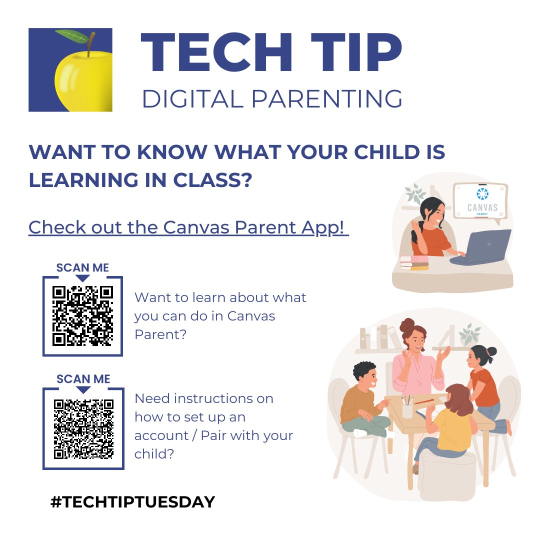 rlascusd116's tweet photo. RLAS-116 families can see what their child(ren) is learning in school by using Canvas!
Scan the QR codes below to see what you can do in Canvas Parent. You can also visit the link below and click on the Canvas tab for more information.
#TechTipTuesday116 https://t.co/BvKpx2rTyy