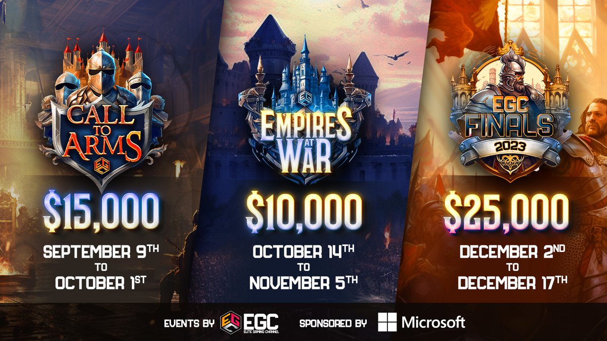 ANNOUNCING....

The EGC Age of Empires IV Autumn/Winter schedule!

THREE huge events, $50,000 in prize money, weeks and weeks of S-Tier action and even our first ever Empire Wars event! 

We hope you enjoyed your summer off because AOE IV esports is back with a bang!!