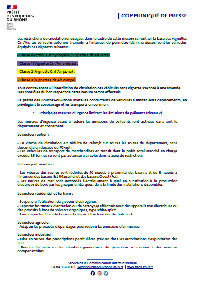 Prefet13's tweet photo. #Pollution 🔴| L'épisode de #pollution à l'#ozone se poursuit ce 23/08 : le niveau 2 d'alerte est déclenché et la circulation différenciée est mise en place à @marseille 
🚫Interdiction de circulation pour les véhicules Crit'Air 4 &amp; 5 
Respectez les recommandations sanitaires ⬇️ https://t.co/OcEecigCIz