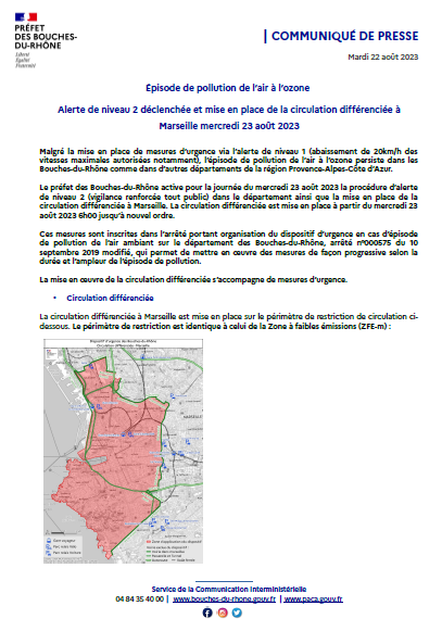 Prefet13's tweet photo. #Pollution 🔴| L'épisode de #pollution à l'#ozone se poursuit ce 23/08 : le niveau 2 d'alerte est déclenché et la circulation différenciée est mise en place à @marseille 
🚫Interdiction de circulation pour les véhicules Crit'Air 4 &amp; 5 
Respectez les recommandations sanitaires ⬇️ https://t.co/OcEecigCIz