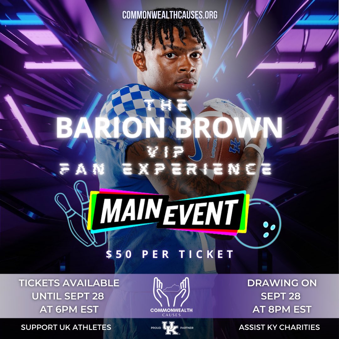 KYCauses's tweet photo. NEW RAFFLE ALERT! 🚨 This time we're teaming up with Barion Brown to bring you an unforgettable night of fun! 🔵⚪️🏈 You and 2 guests will join 2023 pre-season All-American Kentucky Football wide receiver, @BarionBrown at Main Event (Lexington).  Enjoy bowling with Barion, free food, arcade games, and more!  Your group will also receive a merch package of items signed by Barion. You don't want to miss this one!  Only 500 tickets available!  Visit https://t.co/CTP93hbENU to buy your tickets today!  #BBN #NIL #kycauses 

#kentuckyraffle #kentuckycharity #ukathletics #kentuckyathletics #ukfootball #barionbrown

@UKAthletics | @kentuckybranded