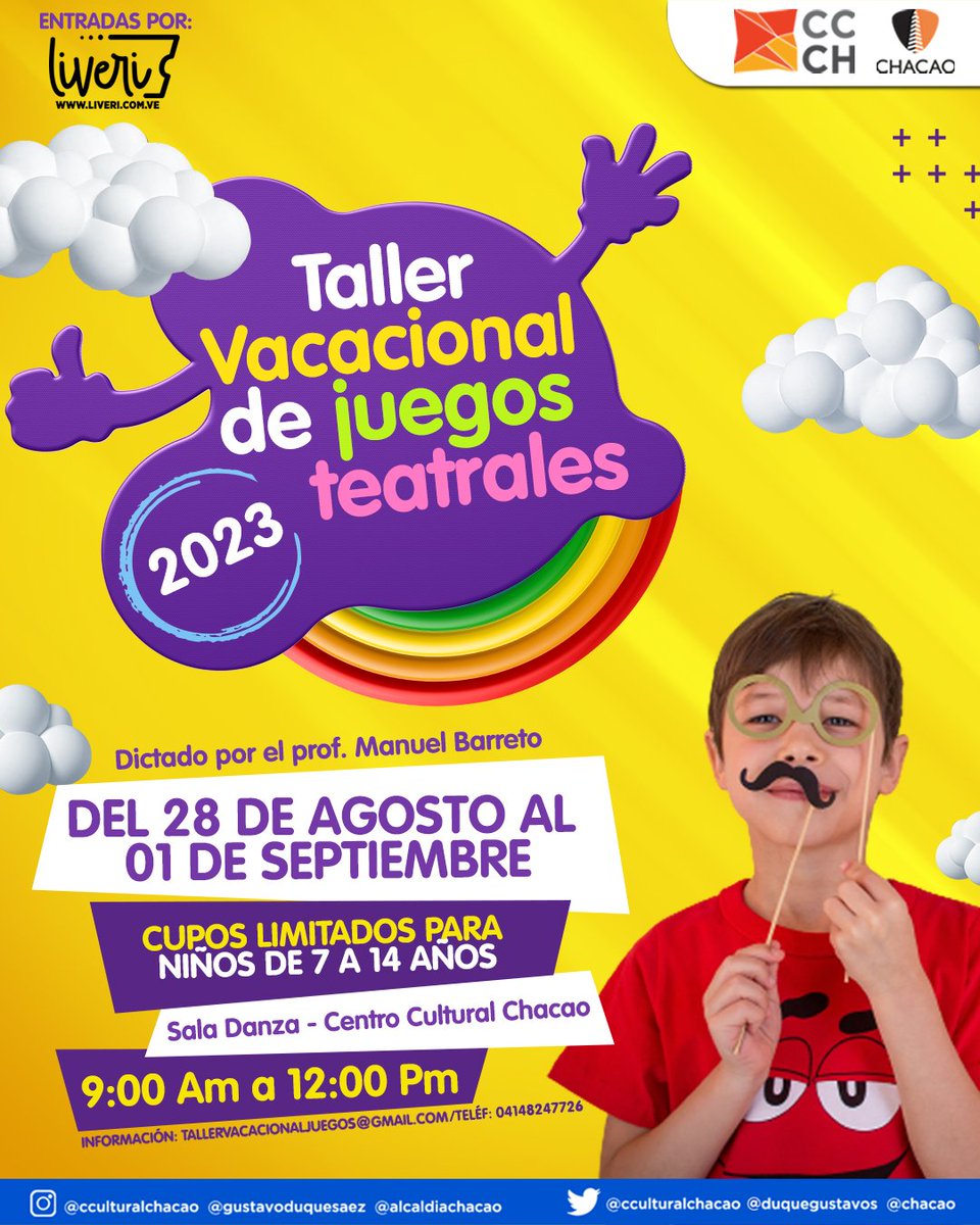 🎭 Aún quedan días de vacaciones escolares y este taller vacacional será una mágica experiencia para los pequeños de la casa. 

📍Salsa Danza | Centro Cultural Chacao.

📅 Del 28 al 1 de septiembre

❗Para más información escribe a: 

tallervacacionaljuegos@gmail.com

04168247726