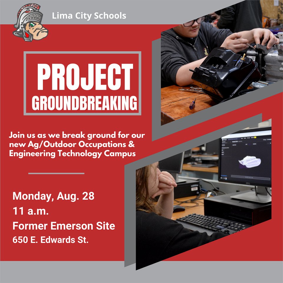 LimaCitySchools's tweet photo. We are excited to break ground on our new Agriculture and Outdoor Occupations and Engineering Technology Campus at 11 a.m. Monday, at the former Emerson site. All are welcome as we kick off the future of these two career tech programs. #CT4Success #LSHCareerTech https://t.co/iksknACs0M
