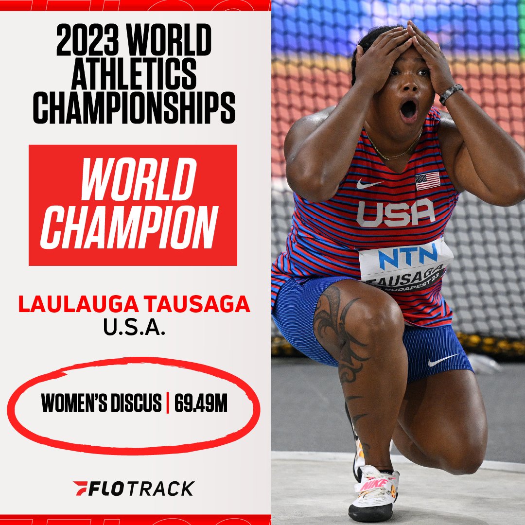 The performance of a LIFETIME for Laulauga Tausaga! 

A huge PR of 69.49m in the fifth round earns Tausaga a huge win in the women's discus.

🥈 Allman 🇺🇸 - 69.23m
🥉 Feng 🇨🇳 - 68.20m

#WorldAthleticsChamps 

📸 Getty Images